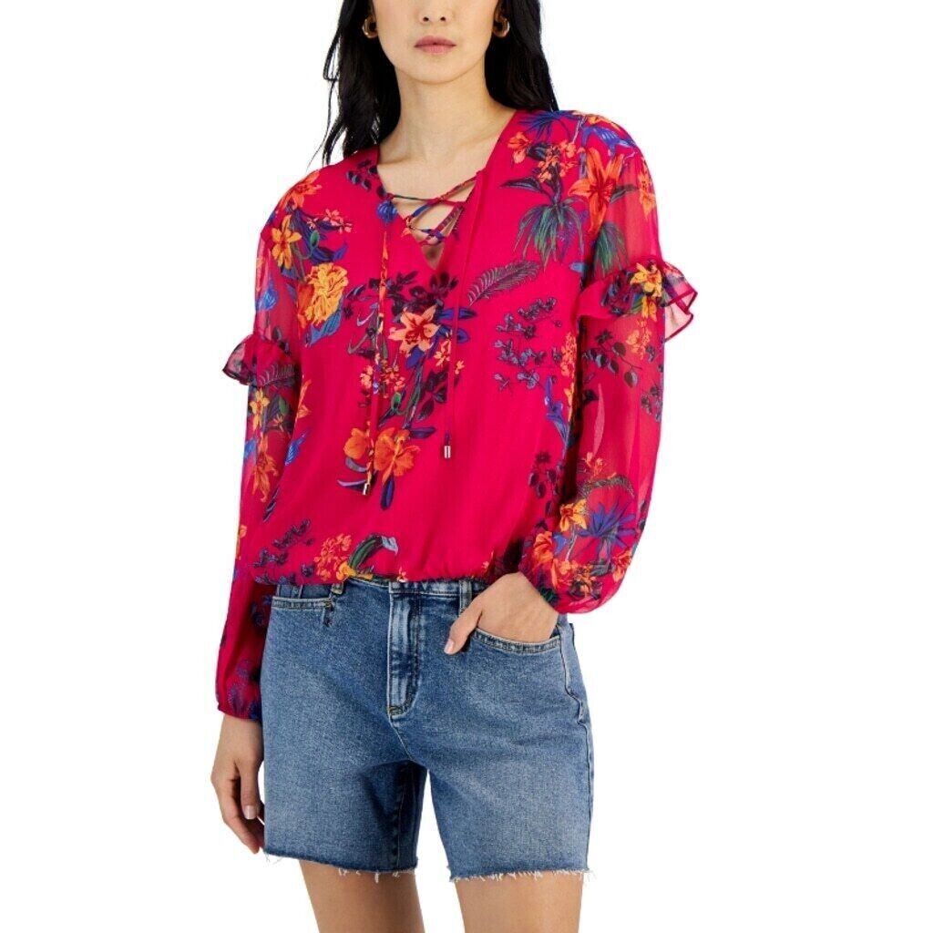 INC International Concepts Women's Pink Lace-Up Ruffle-Sleeve Blouse NWT