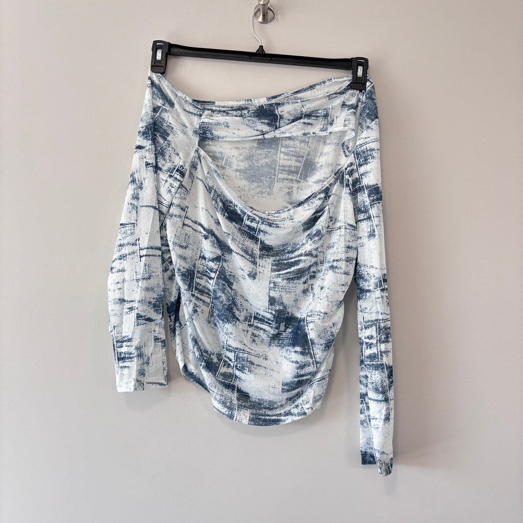 SHEIN Women's 2XL Stylish Off-Shoulder Drape Top Blue White Abstract Shirt NIB