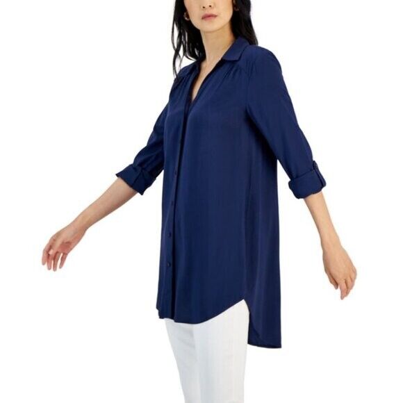 I.N.C. International Concepts Petite Small Roll-Tab Button-Down Long Blouse NWT