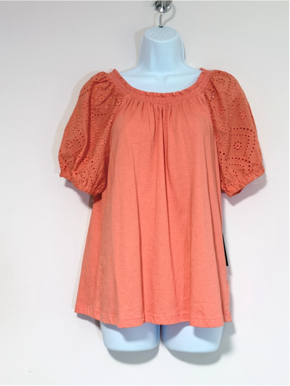 Jones New York Women's Small Sherbet Orange Eyelet Short Sleeve Top NWT