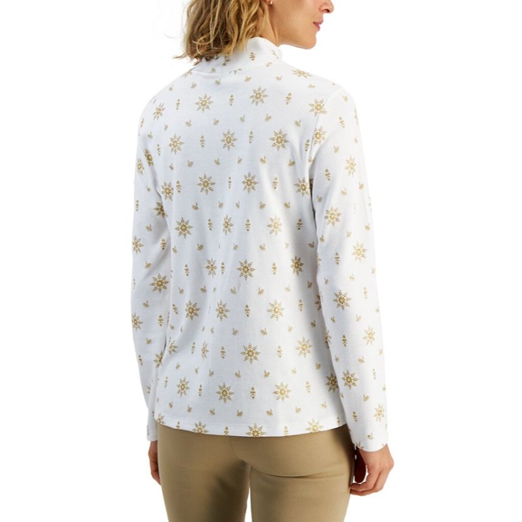 Karen Scott Small Petite Mock-Neck Gold Glitter Snowflake Long Sleeve Top NWT.