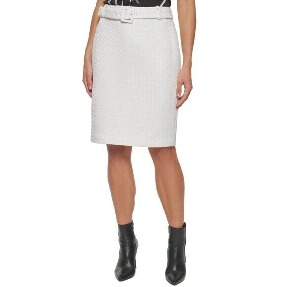 DKNY Women's Size 10 White Tweed Belted Pencil Skirt, Fully Lined NWOT