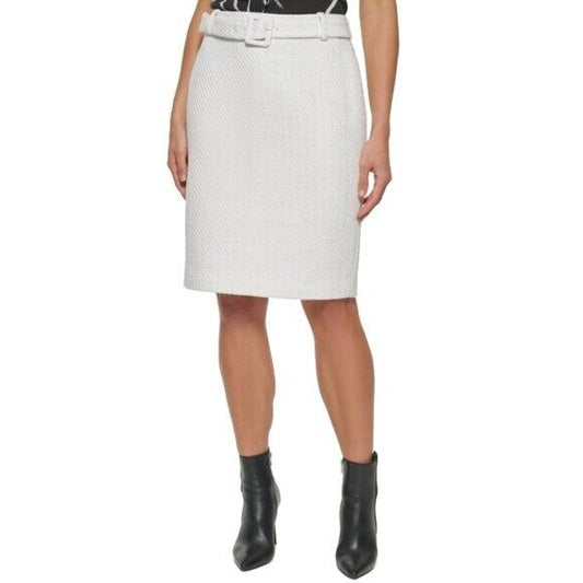 DKNY Women's Size 10 White Tweed Belted Pencil Skirt, Fully Lined NWOT