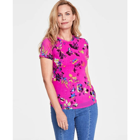 INC International Concepts Size XL Pink Printed Mesh Crewneck Top NWT