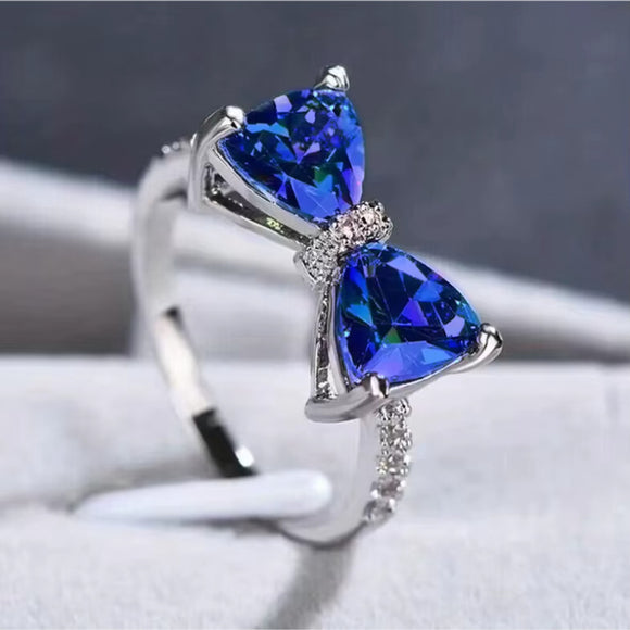 Sapphire Blue Bow Ring with Cubic Zirconia Accents NWT