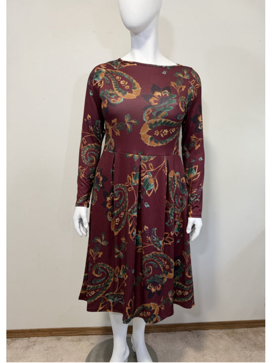 24seven Comfort Apparel XL Wine Paisley Midi Length Long Sleeve Pocket Dress NWT