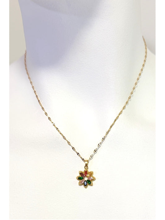 Star Flower Multi-Coloured Cubic Zirconia Stone & Gold Pendant Necklace NWT