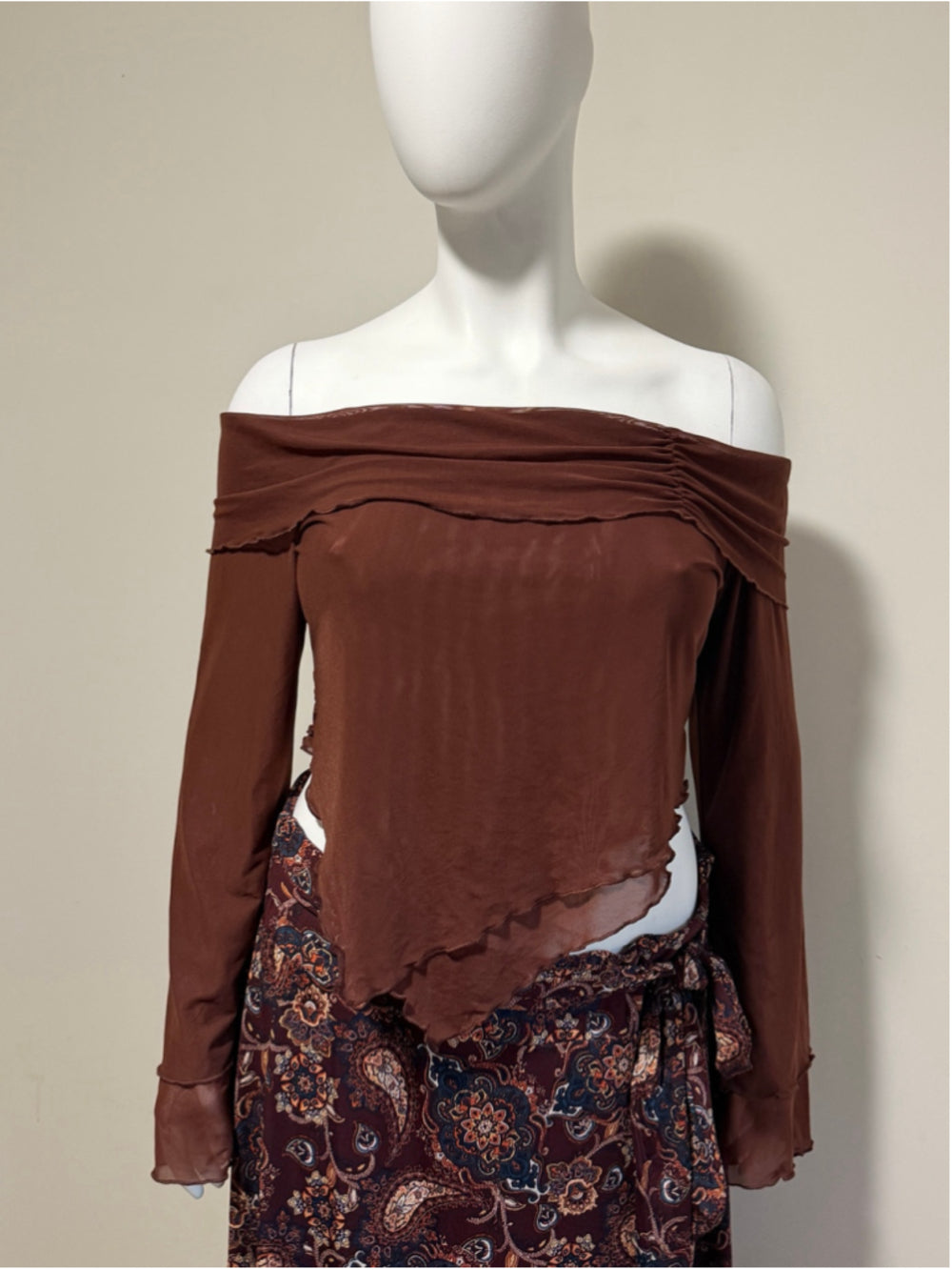 SHEIN Plus Size 3XL Brown Mesh Off Shoulder Asymmetrical Top NWT