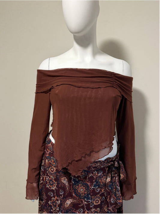 SHEIN Plus Size 3XL Brown Mesh Off Shoulder Asymmetrical Top NWT