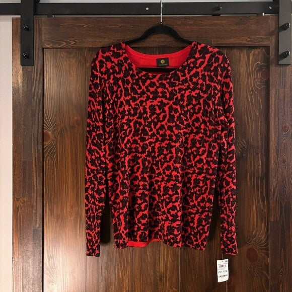 JM Collection Petite Large Red Leopard Print Rivet-Detail Sweater NWT
