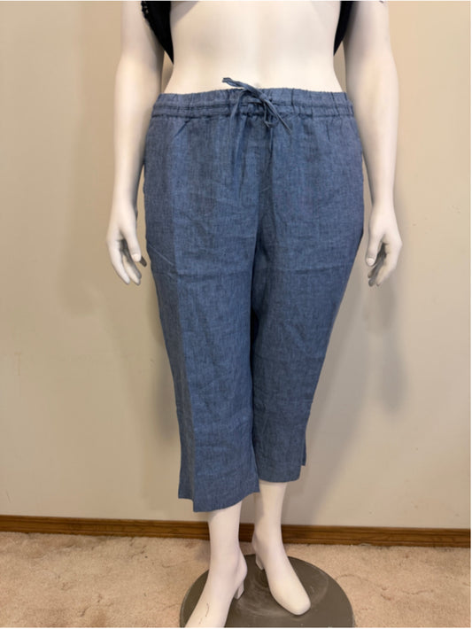 Charter Club Size XLP Luxury 100% Linen Blue Pull On Cropped Pants NWT