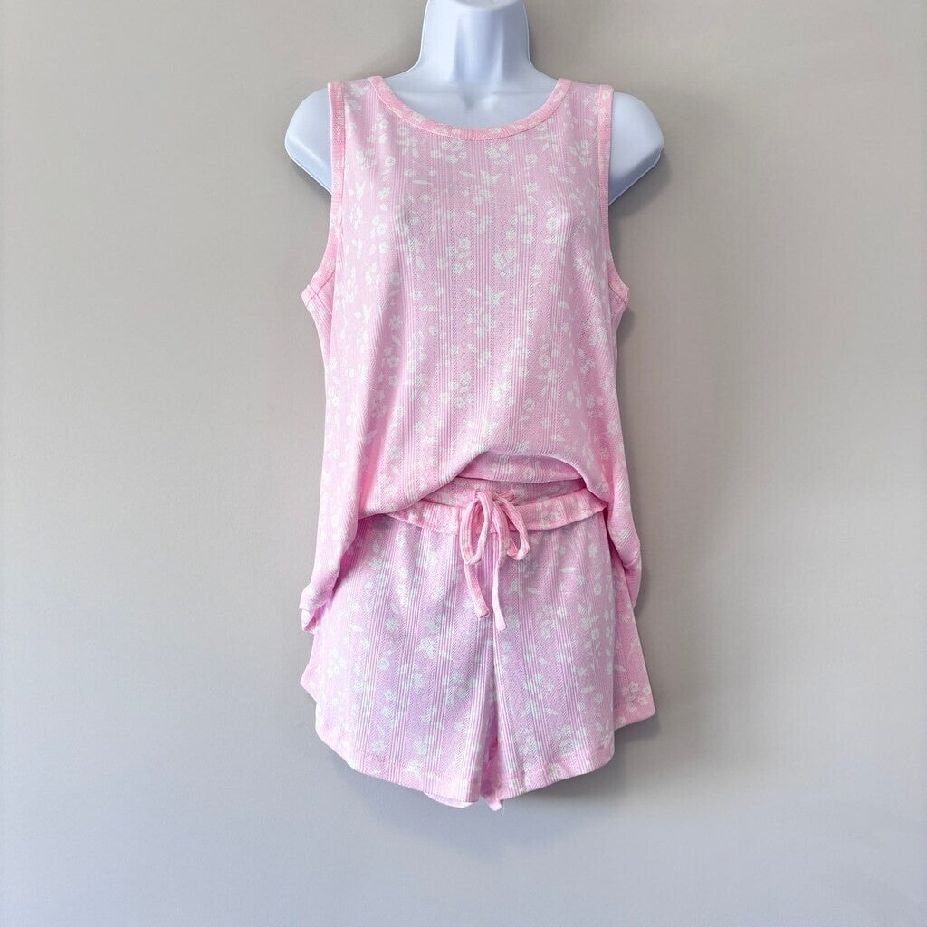 Roudelain Women's 2PC Pink & White Tank & Shorts Comfy Soft  Pajama Set NWT