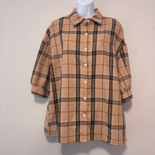 Shein Women's Size Medium Beige & Brown Plaid Button-Down Collard Shirt NIB