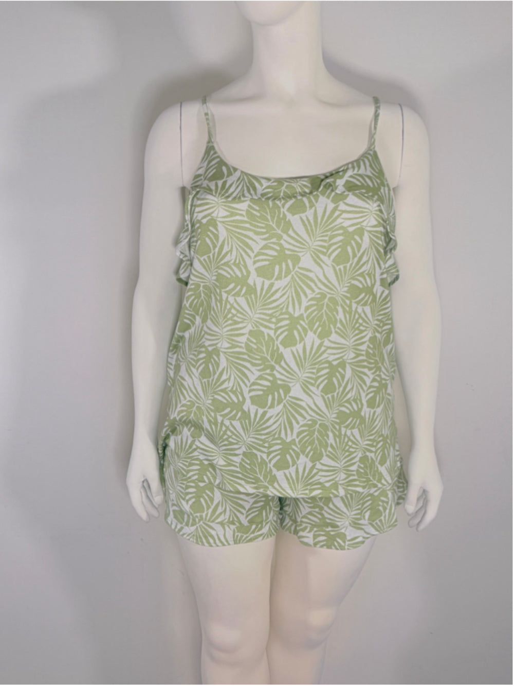 Roudelain Women's Extra Large 2-Pc. Green Printed Ruffled Short Pajamas Set NWT