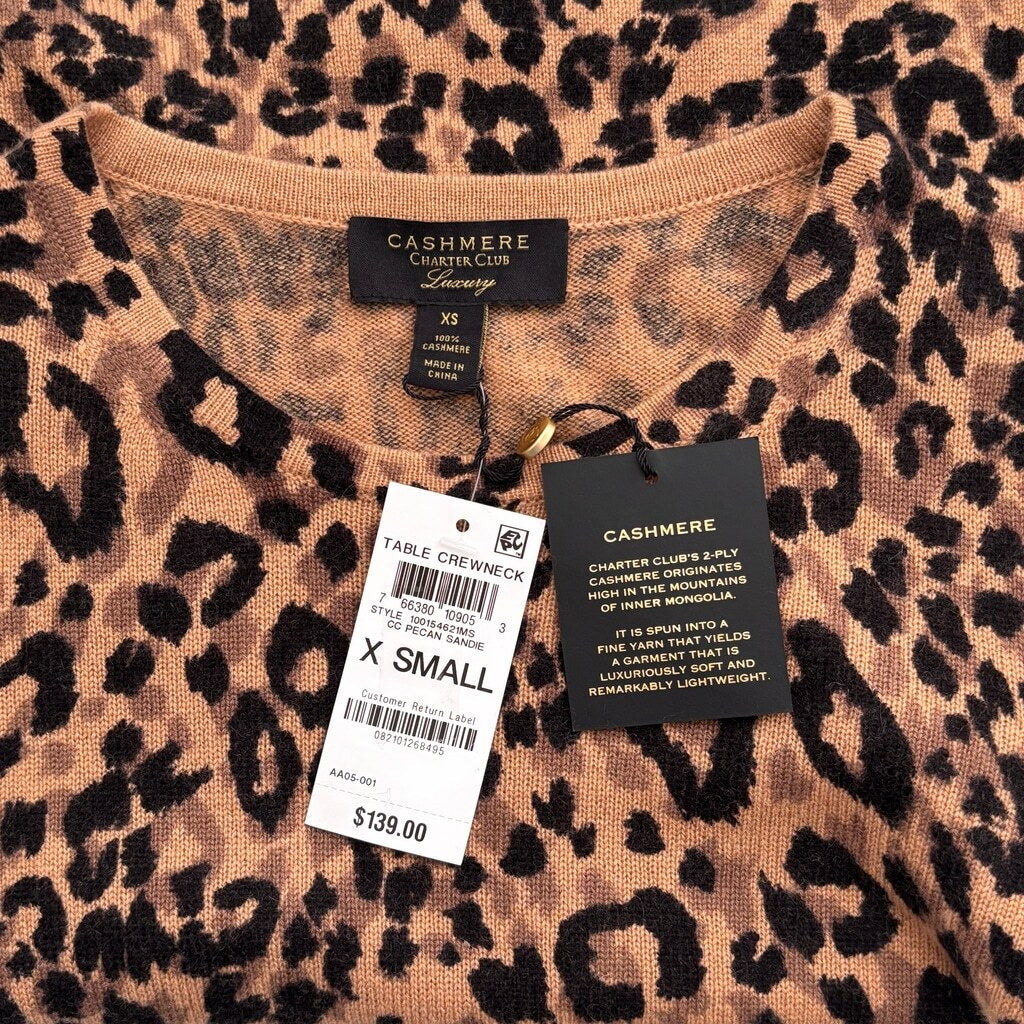 Charter Club Women's XS 100% Cashmere Cheetah Print Sweater NWT