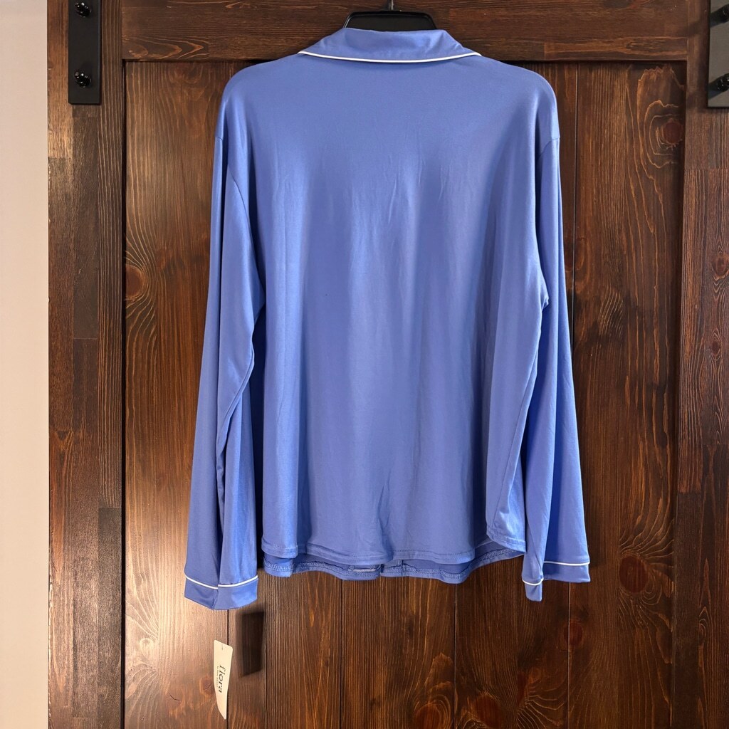 Flora Women's Size Large Blue Button-Down Pajama Top with White Piping NWT