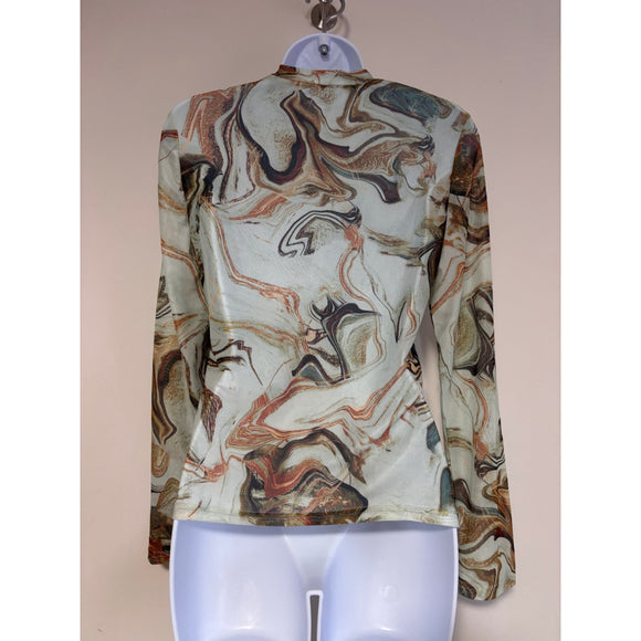 SHEIN Size Large Abstract Marble Print Mesh Long Sleeve Top NWT