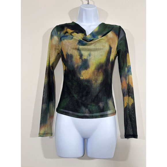 Bar III Petite Green Abstract Printed Long-Sleeve Cowlneck Mesh Top NWT