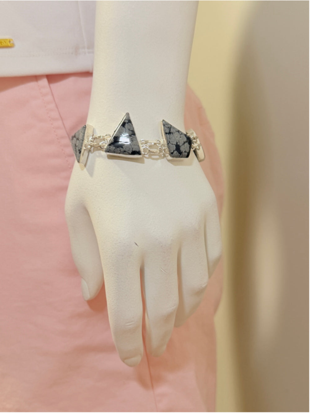 Snowflake Obsidian Triangle Stone Bracelet 925 Silver Plated NWT