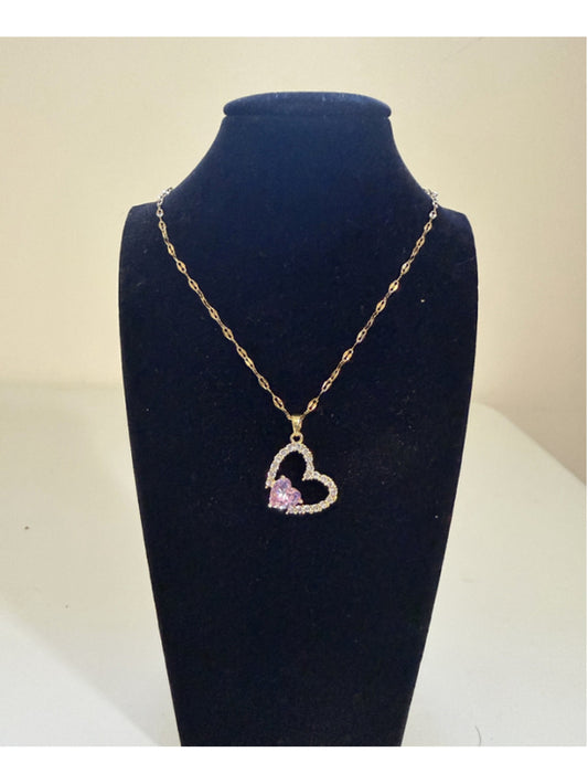 Gold Coloured Necklace with Heart Charm w/ White and Pink Crystals NWT