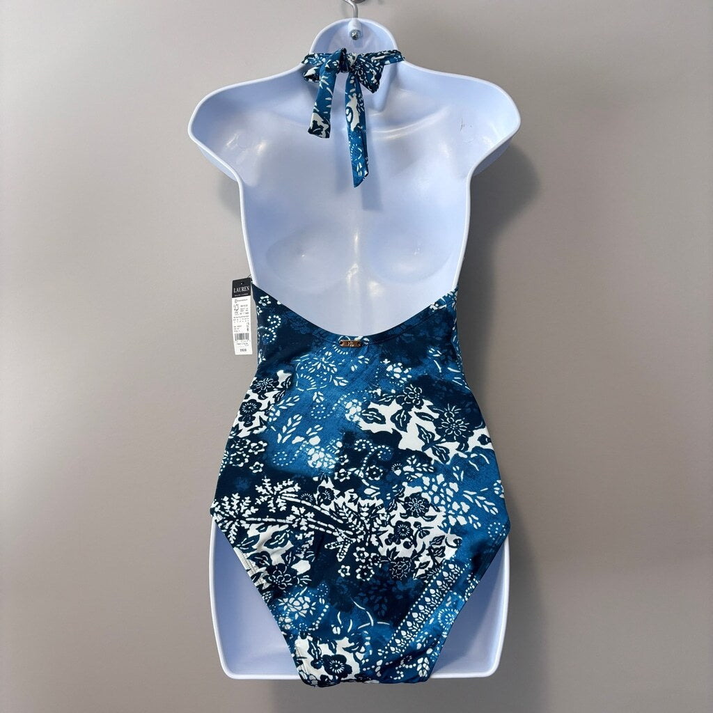 Ralph Lauren Women's 8 Designer Blue Floral Ring One-Piece Swimsuit NWT