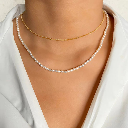 Women's Faux Pearl Double Strand White & Gold Choker Necklace NWT