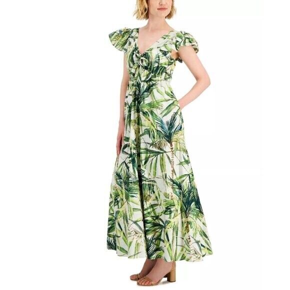 TAYLOR Cotton Printed Bow-Tie Maxi Dress, Green & White NWT