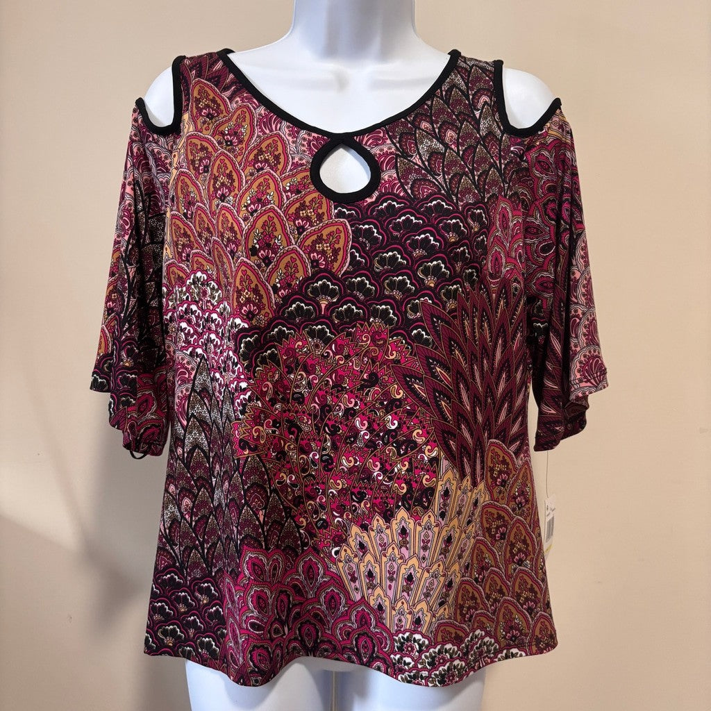 Sam & Jess Women's Medium Petite Purple Paisley Cold-Shoulder Knit Top NWT