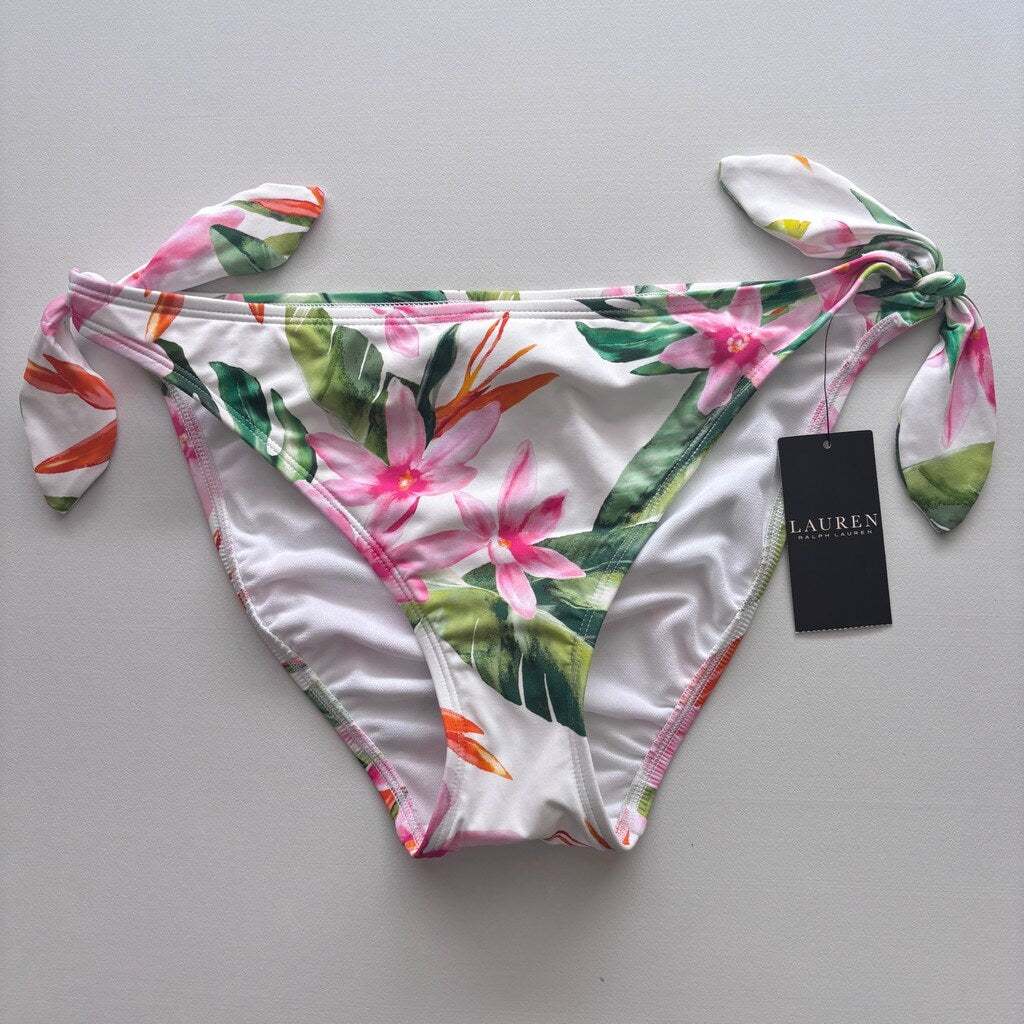 Ralph Lauren Women's 8 Side-Tie White Floral-Print Hipster Bikini Bottoms NWT
