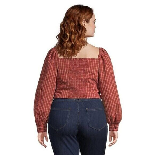 LEVI'S Trendy Plus Size Devin Cotton Red Plaid Ruched Balloon-Sleeve Top NWT