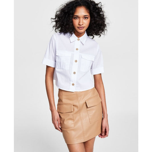 Bar III Women's Size XXL White Cropped Cuffed-Sleeve Pocket Shirt NWT