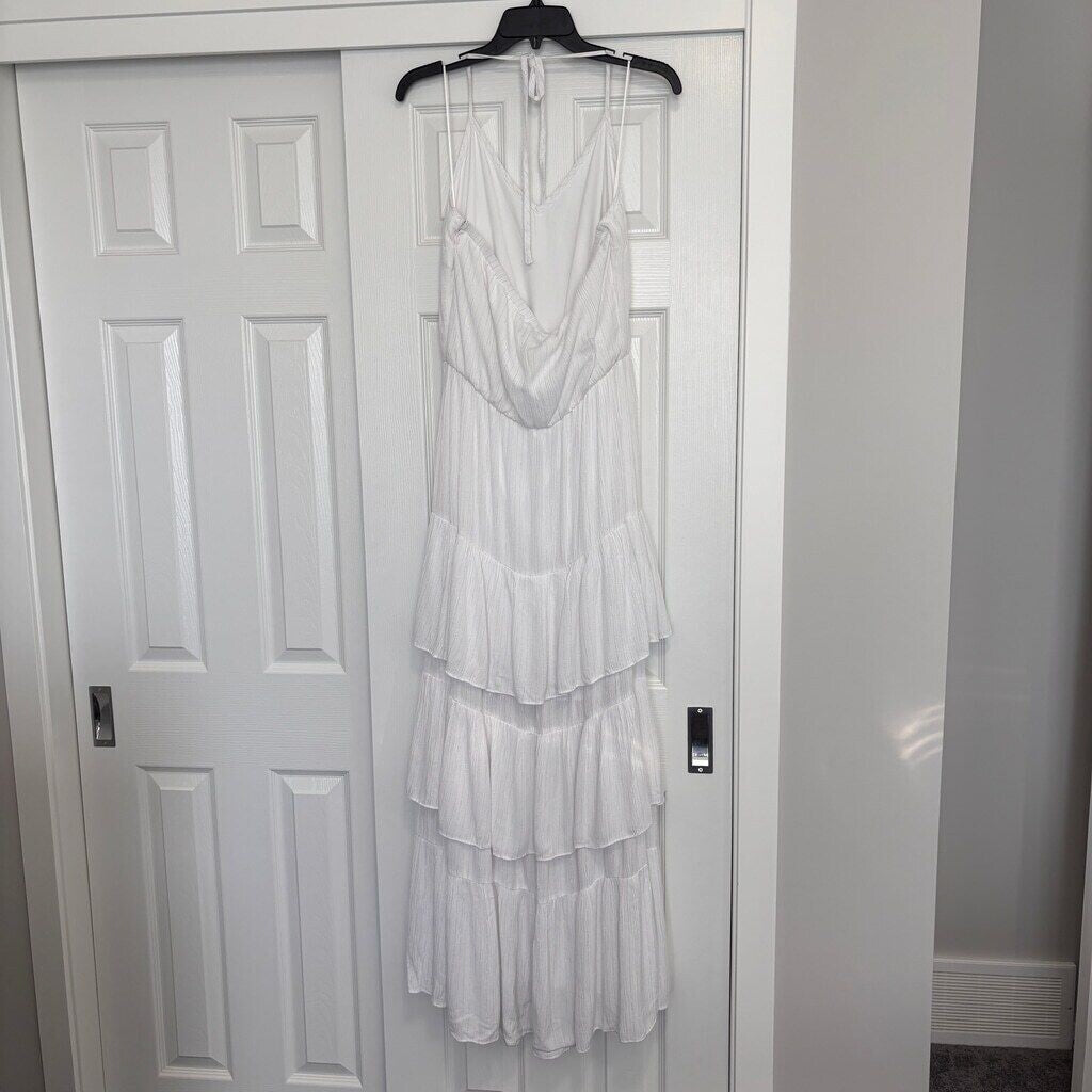 INC International Concepts White & Silver Halter-Neck Tiered Maxi Dress NWT