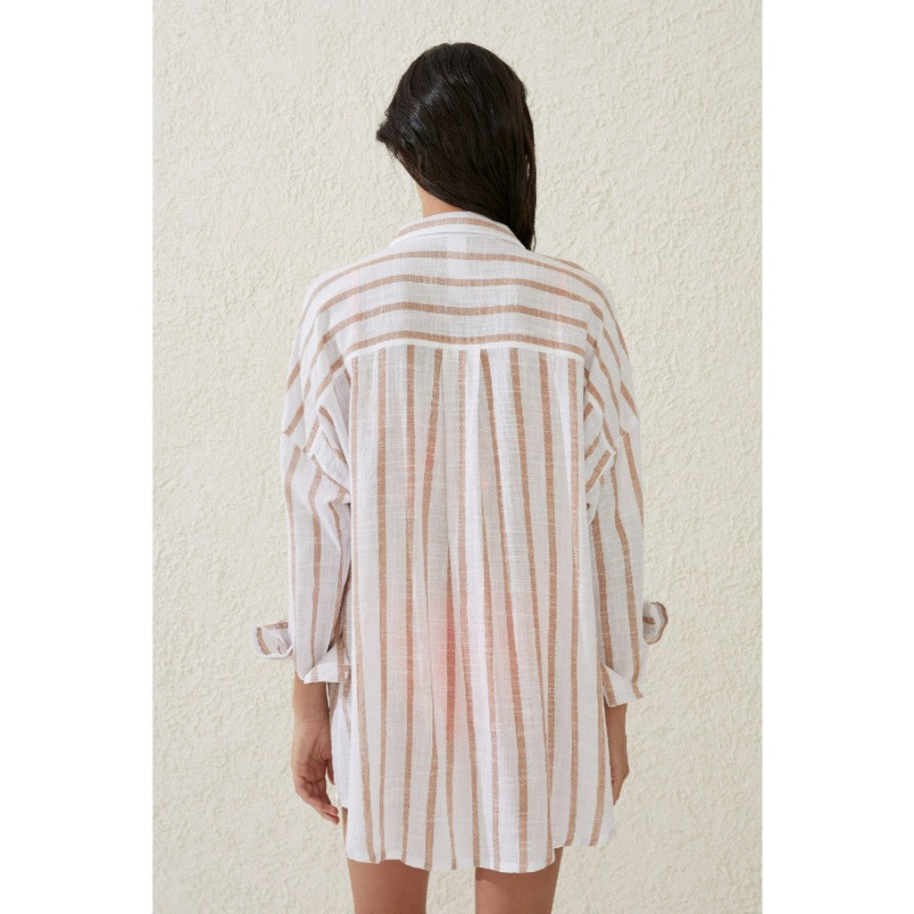 Cotton On Women's Large Brown White Striped Swing Beach Cover Up Shirt NWT