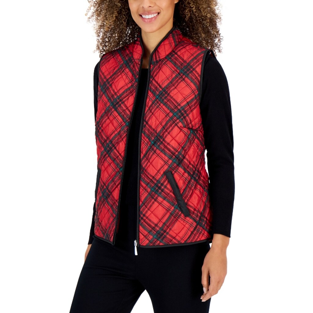 Karen Scott Petite Petite Red, Green & Black Plaid Quilted Puffer Vest NWT