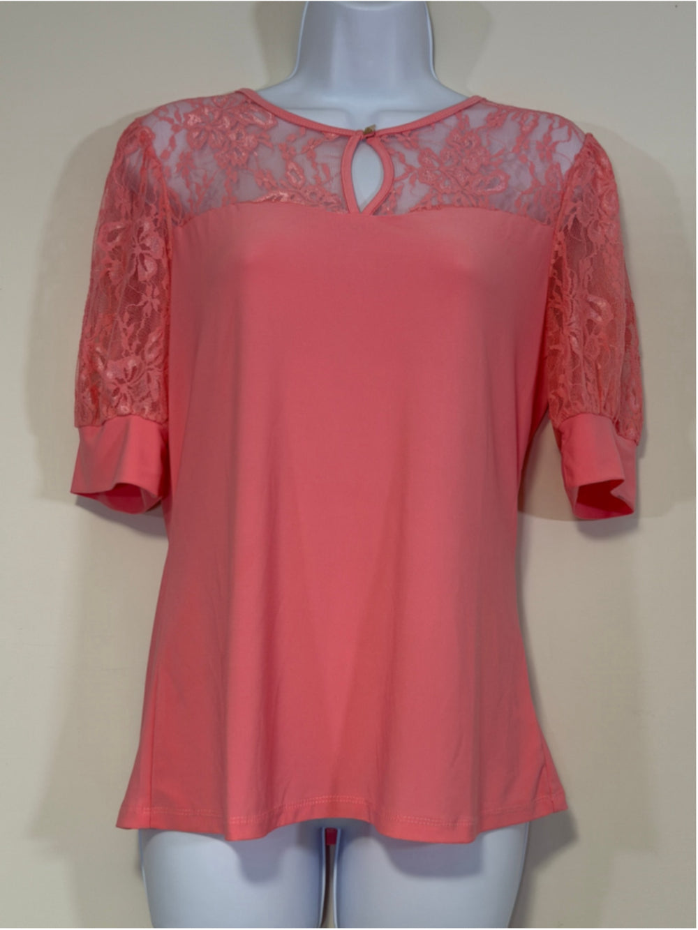 NY Collection Women's Medium Petite Pink Puff Lace Sleeve Top NWT