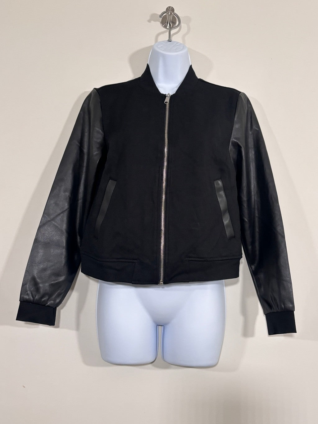 Bar III Women's Petite Small Faux Leather Sleeve Bomber Jacket NWT
