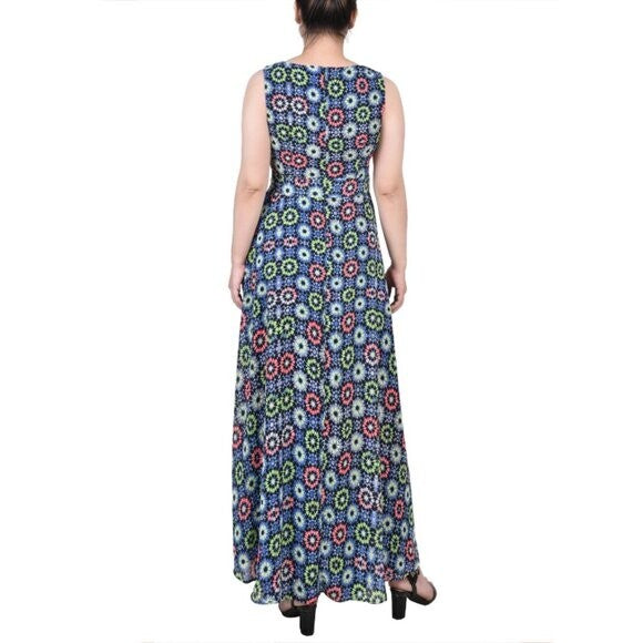 NY Collection XLP Petite Sleeveless Belted Black & Neon Chiffon Maxi Dress NWT