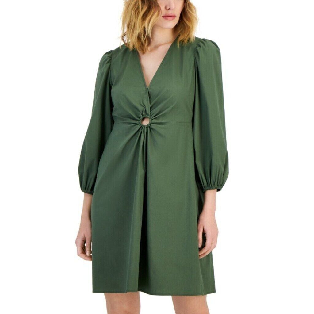 I.N.C. International Concepts Women's Green V-Neck Puff Sleeve Mini Dress NWT