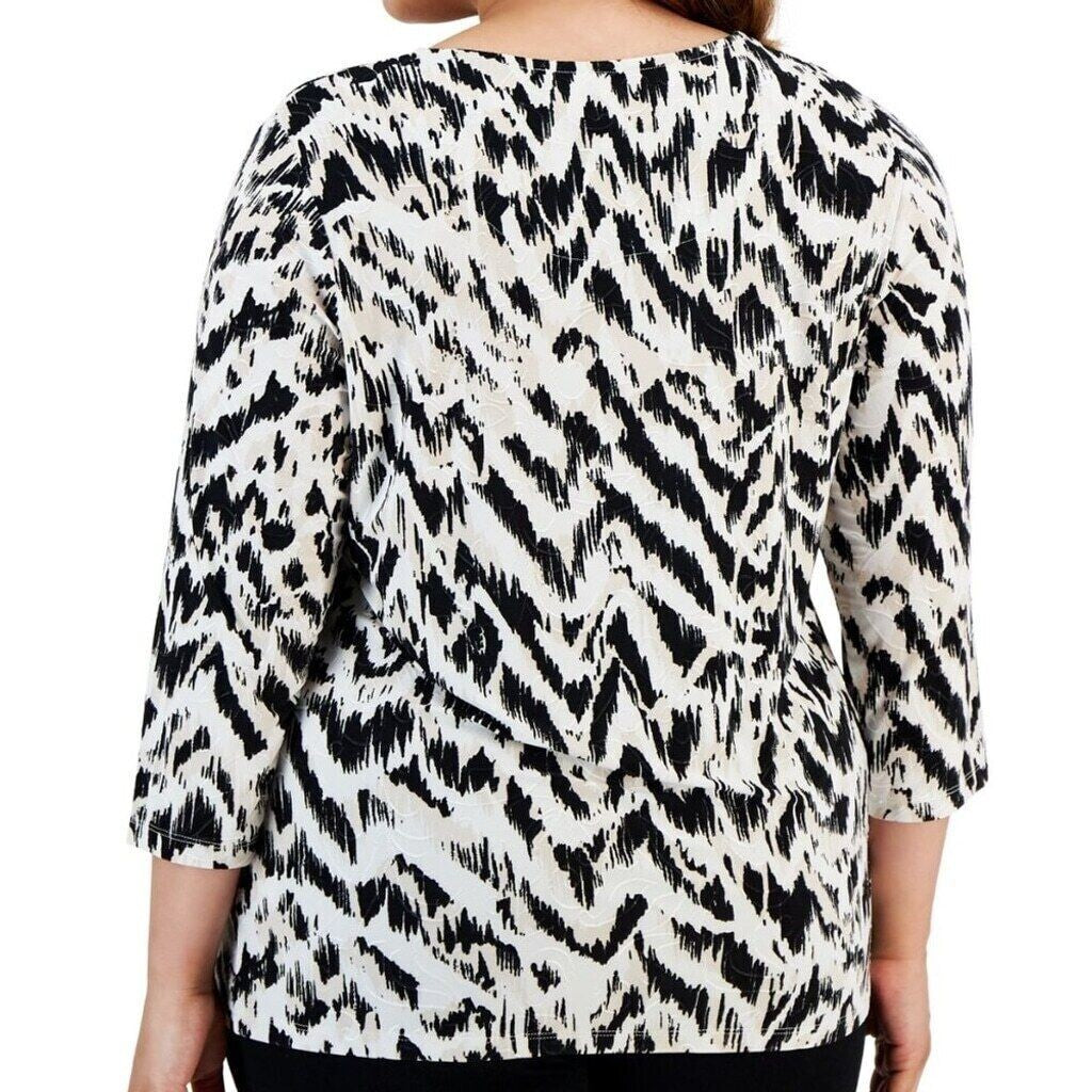 JM Collection Plus Size Printed Jacquard 3/4-Sleeve Top NWT