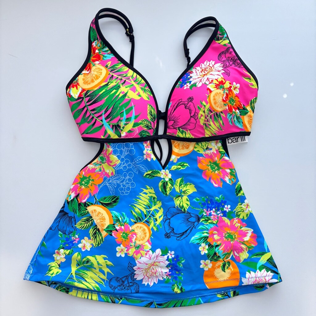 Bar III Women's Size Small Multicolor Floral Printed Plunge-Neck Tankini Top NWT