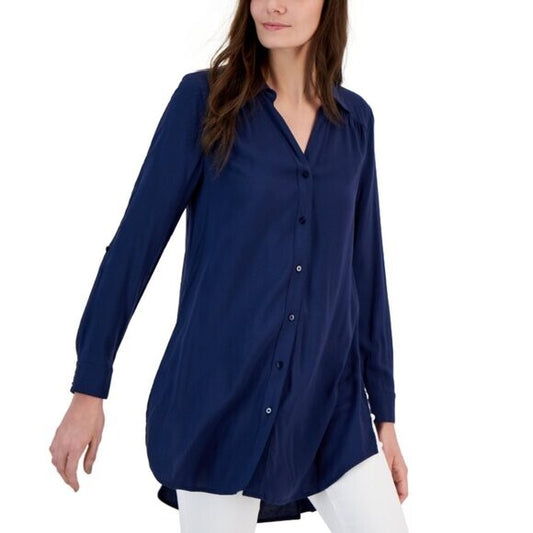I.N.C. International Concepts Petite Small Roll-Tab Button-Down Long Blouse NWT