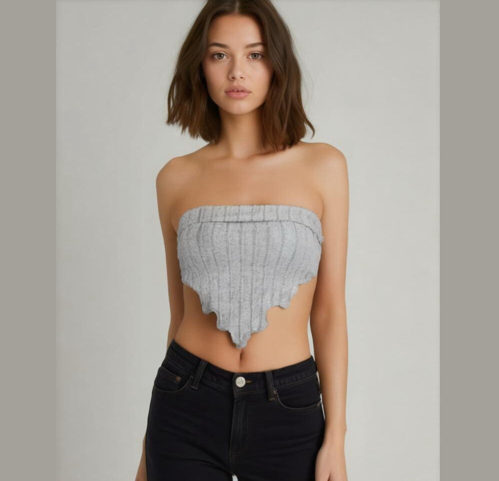SHEIN Women's Size XXS Petite Gray Rib-Knit Pointed Hem Tube Top NIB