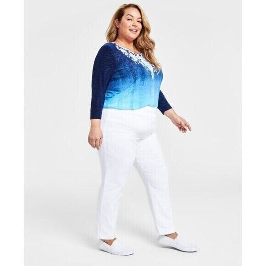 JM Collection Plus Size White Stretchy Tummy Control Pull-On Slim-Leg Pants NWT