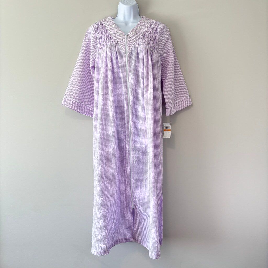 Miss Elaine Women's Small Purple & White Checkered 3/4-Sleeve Zip-Up Robe NWT