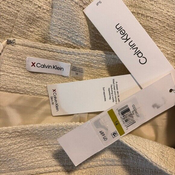 CALVIN KLEIN Women's 14 Faux-Wrap Tweed Light Beige Pocket-Front Pencil Skirt  NWT