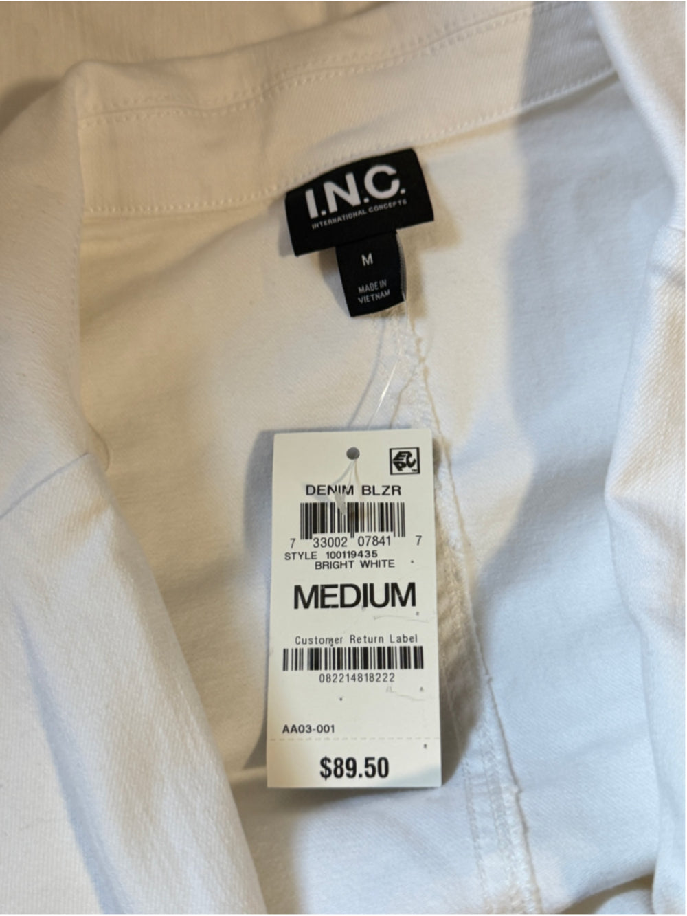 INC International Concepts Size Medium Puff-Sleeve White Denim Blazer Jacket NWT