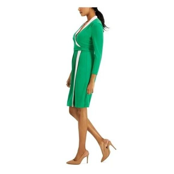 KASPER Green and Pink Colorblocked Faux-Wrap Sheath Dress NWT