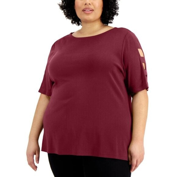 Karen Scott  Plus Size 100% Cotton Wine Red Cutout-Sleeve Top NWT