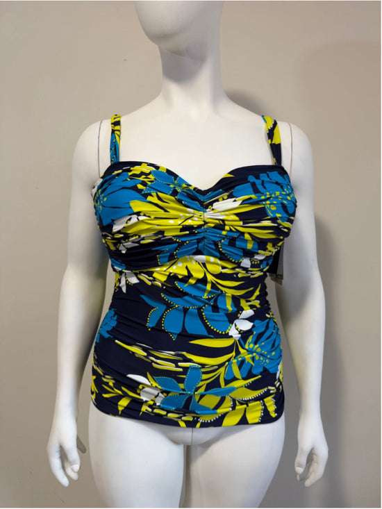 Coco Reef Size 38DD Blue & Green Floral Pleated Tankini Swim Top NWT