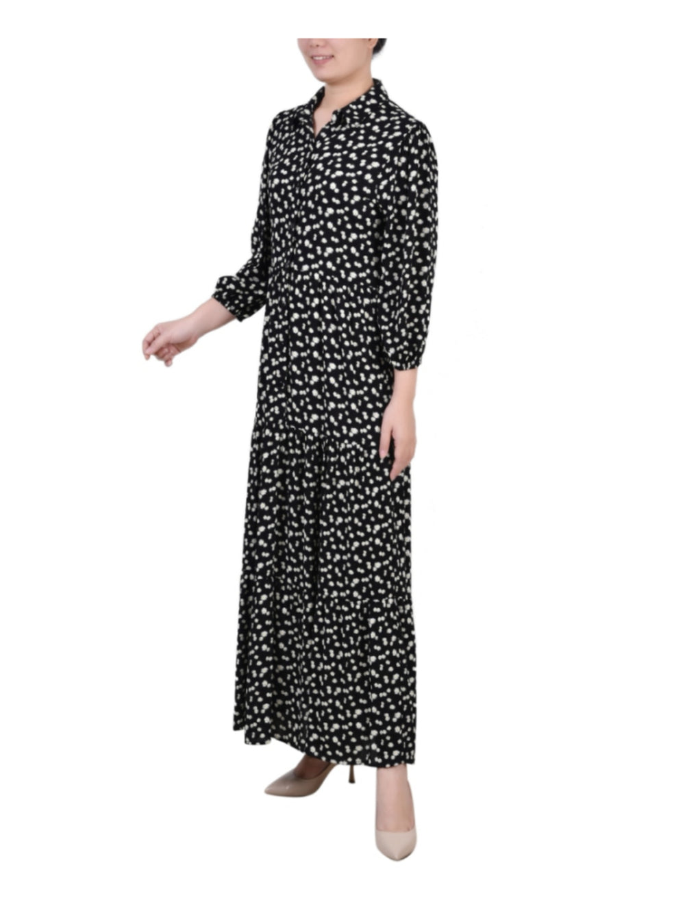 NY Collection Women's Medium Petite Black Floral Tiered Maxi Shirt Dress NWT